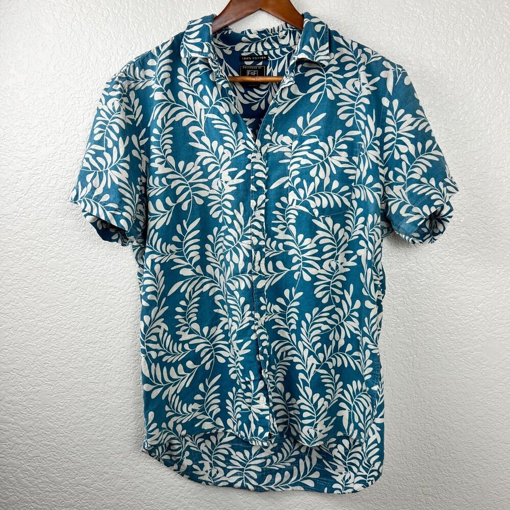 F&F Mens Blue Floral Hawaiian Casual 100% Cotton Tropical Beachy Shirt L